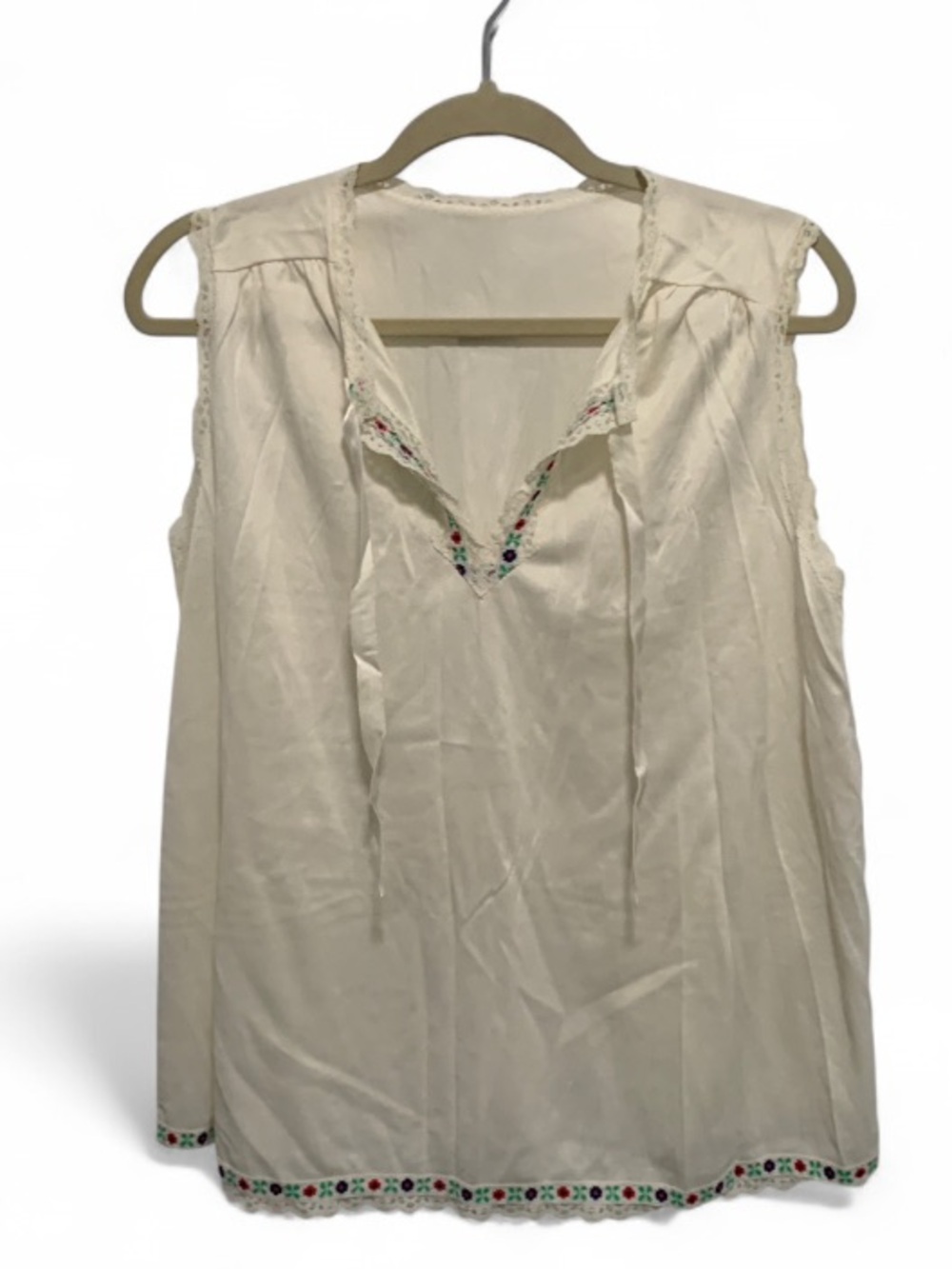 Vintage Cream Sleeveless Embroidered Trim Tie Neck Peasant Top